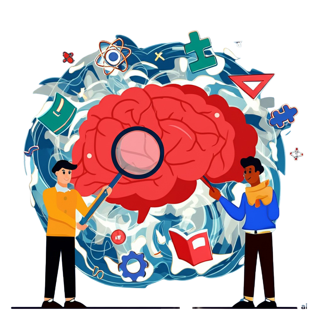 Two stylized figures examining a large red brain with a magnifying glass, surrounded by abstract shapes and symbols representing knowledge and science.