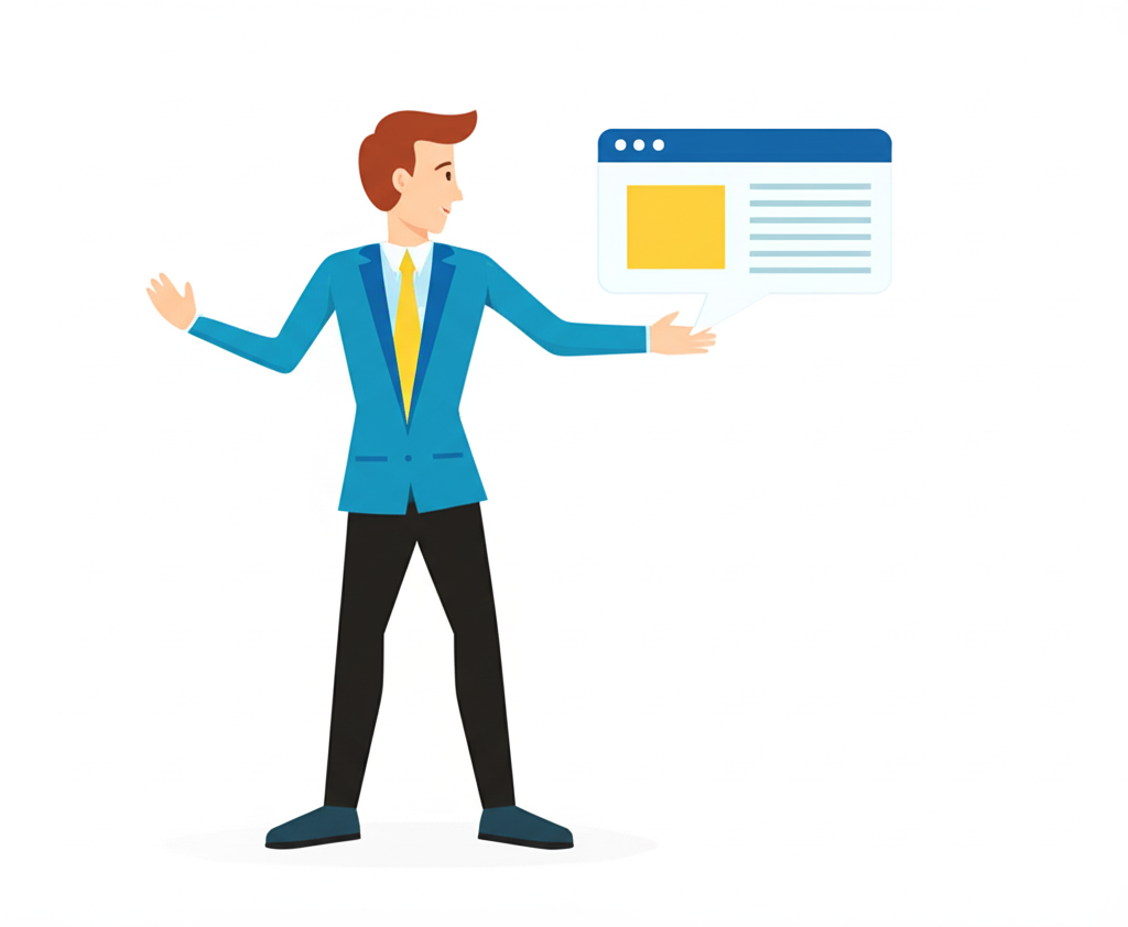 A cartoon man in a blue suit and yellow tie presenting a speech bubble styled as a web browser window.