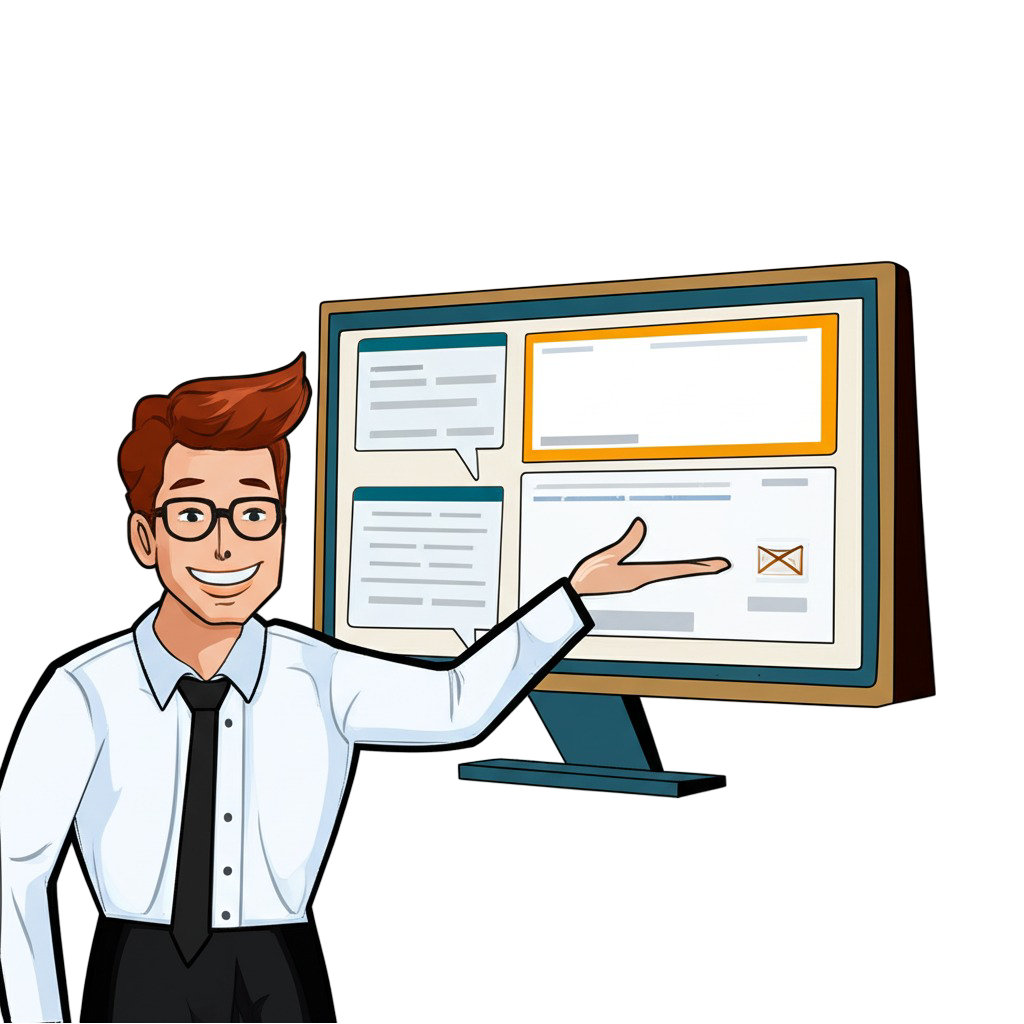 A smiling cartoon man in a shirt and tie, wearing glasses, pointing towards a large computer monitor displaying various data windows and an email icon.