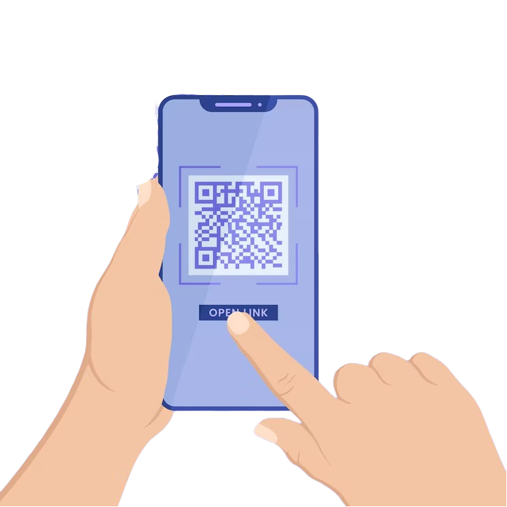 Hands holding a smartphone displaying a QR code with an "OPEN LINK" button.